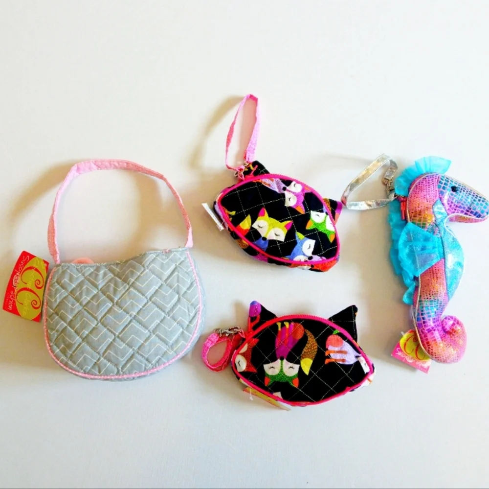 4 Piece Girls Bags: Mouse Tote Bag, Seahorse Wristlet, Fox Pouch NWT